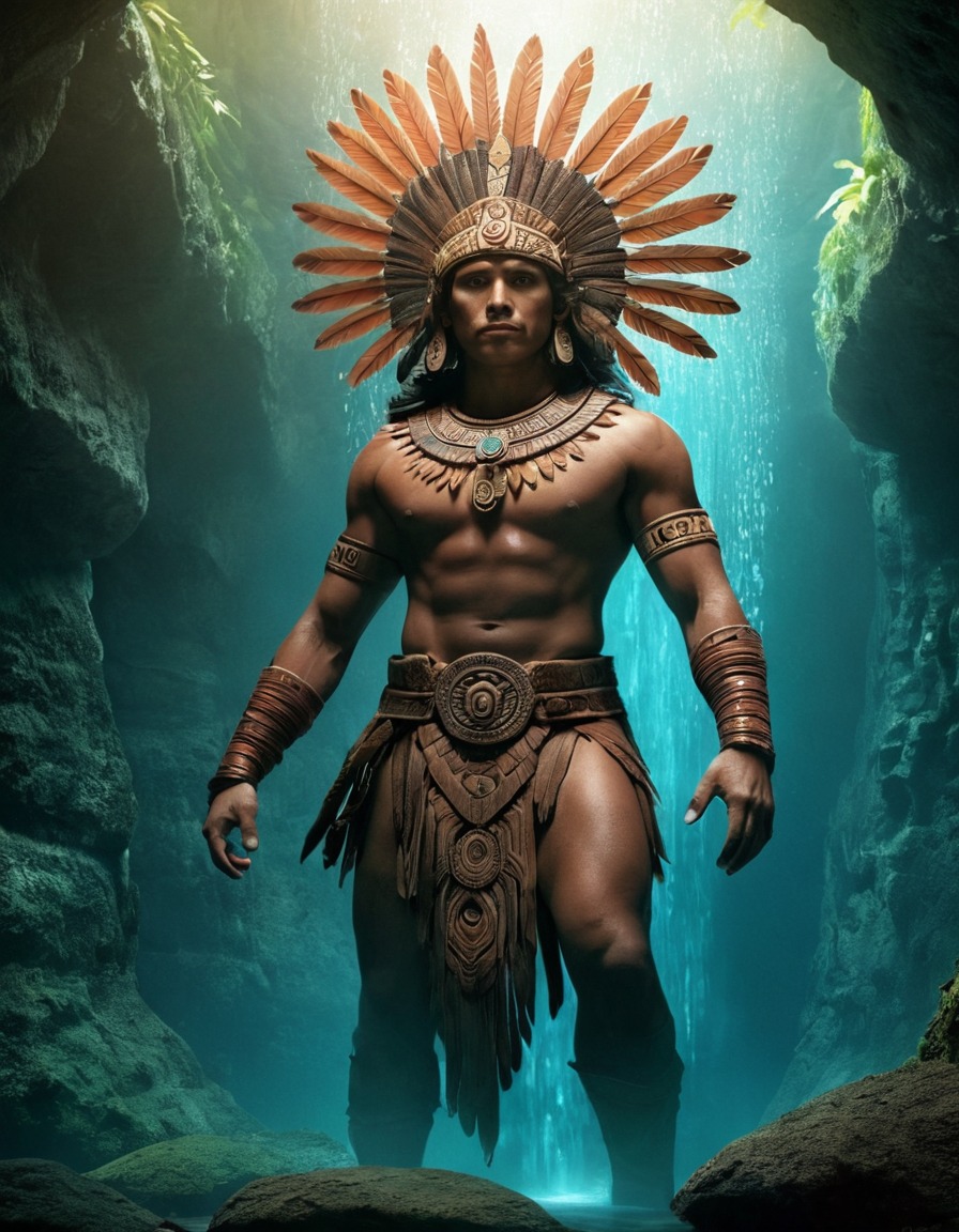 ahuizotl, aztec, mythological creature, underground, water, cave, illustration