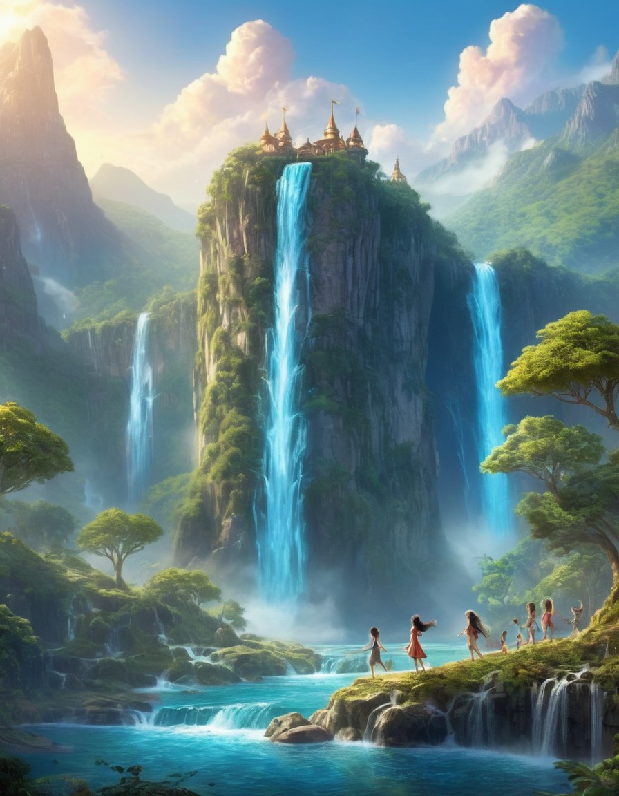 waterfall, mountainside, sprites, pixies, nature, magical, fantasy, fantastic