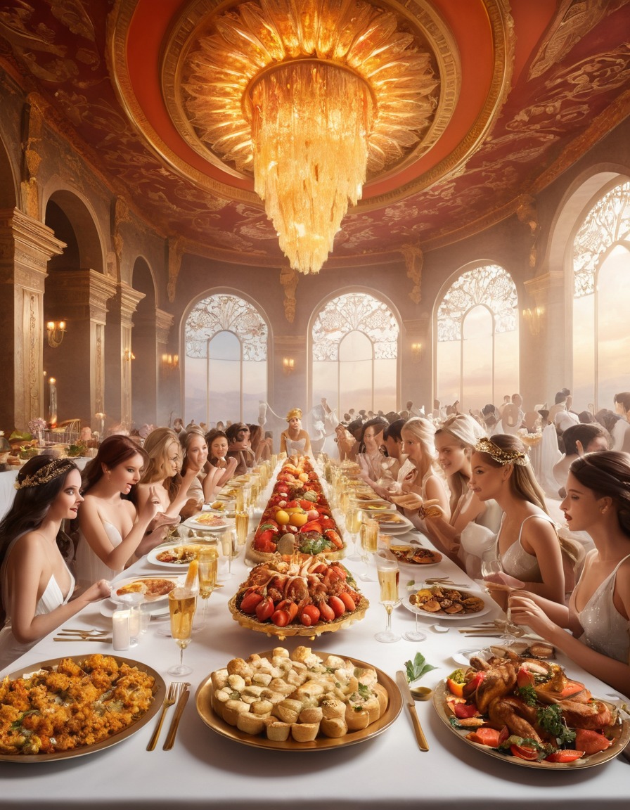 heaven, angels, banquet table, delicious food, grand, divine, celestial