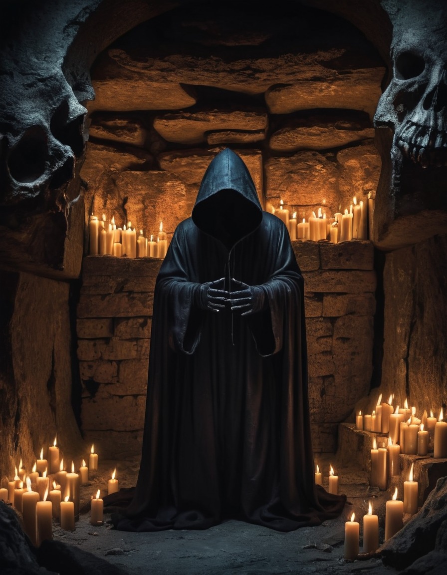 mysterious, hooded figure, candles, underground, catacomb, gothic, dark