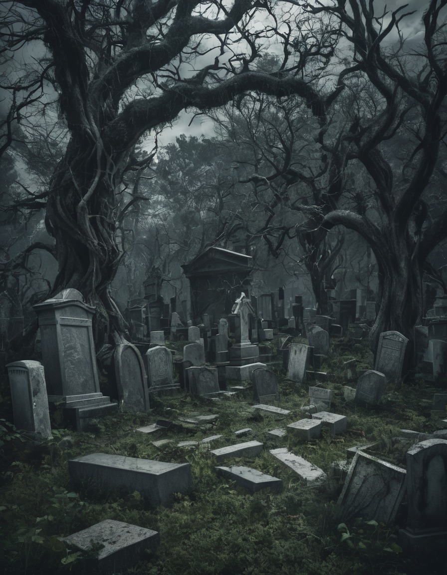 cemetery, tombstones, ancient, overgrown, trees, gothic, underground, dark