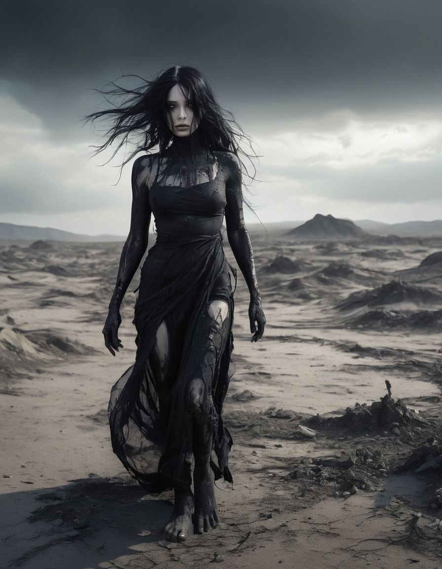 spectral, woman, black hair, wasteland, gothic, underground, dark