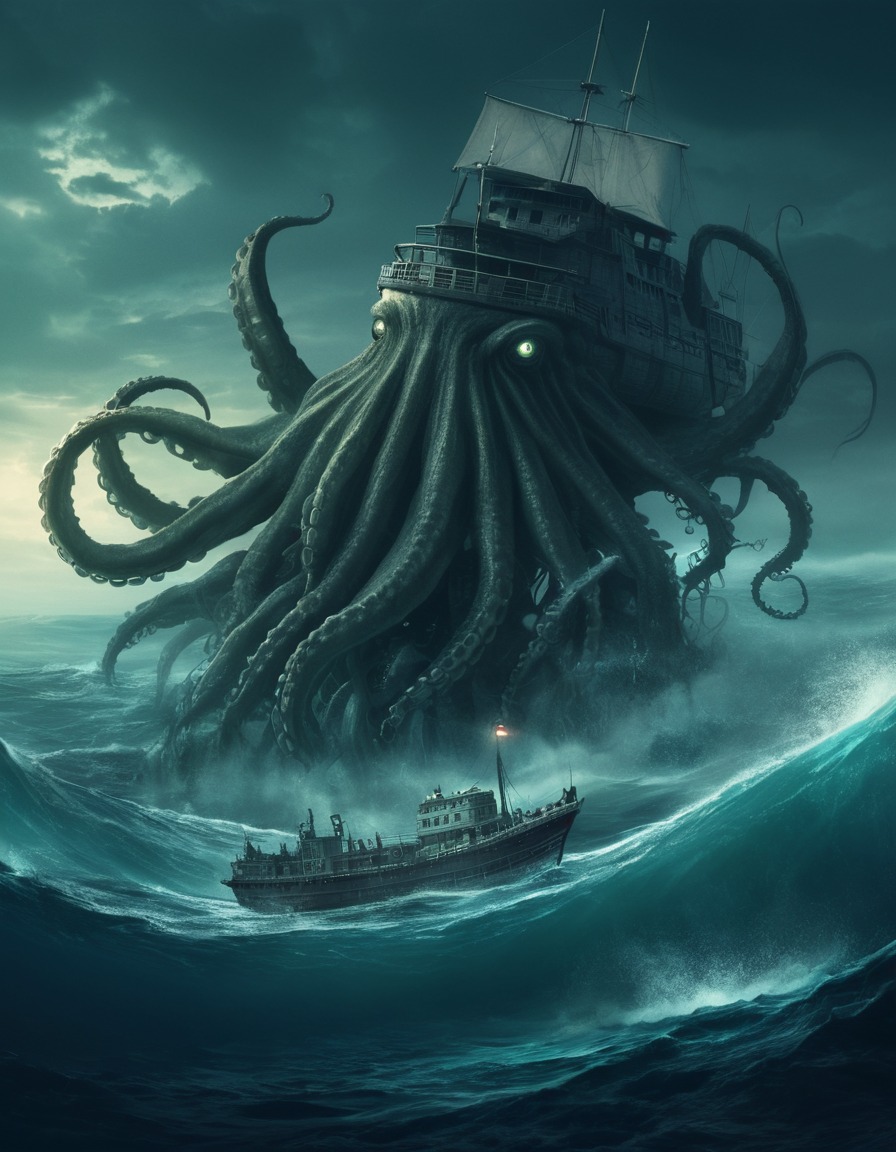 fantasy, giant monster, ocean, ship, danger