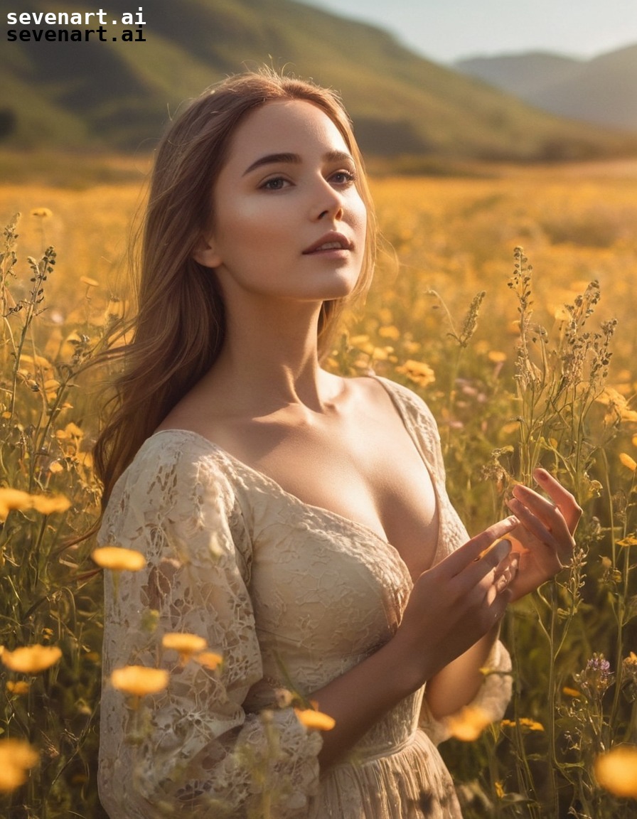 beauty, nature, woman, wildflowers, sunlight