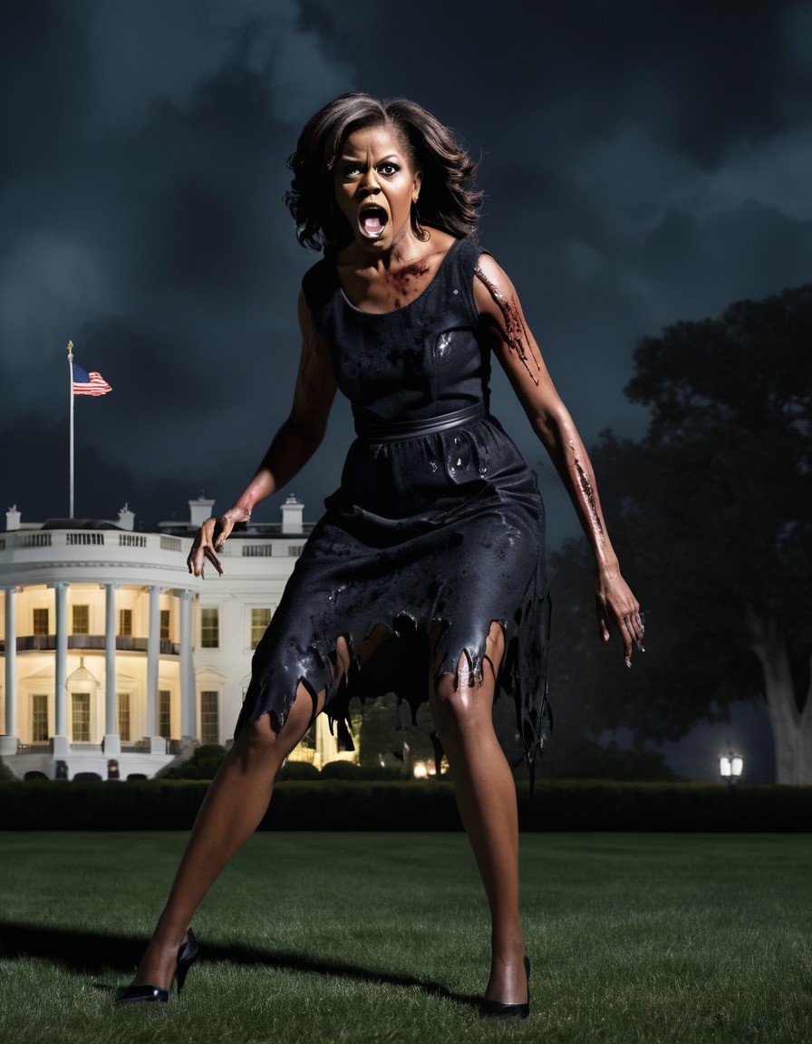 michelle obama, zombie, white house, night, horror, illustration, celebrities