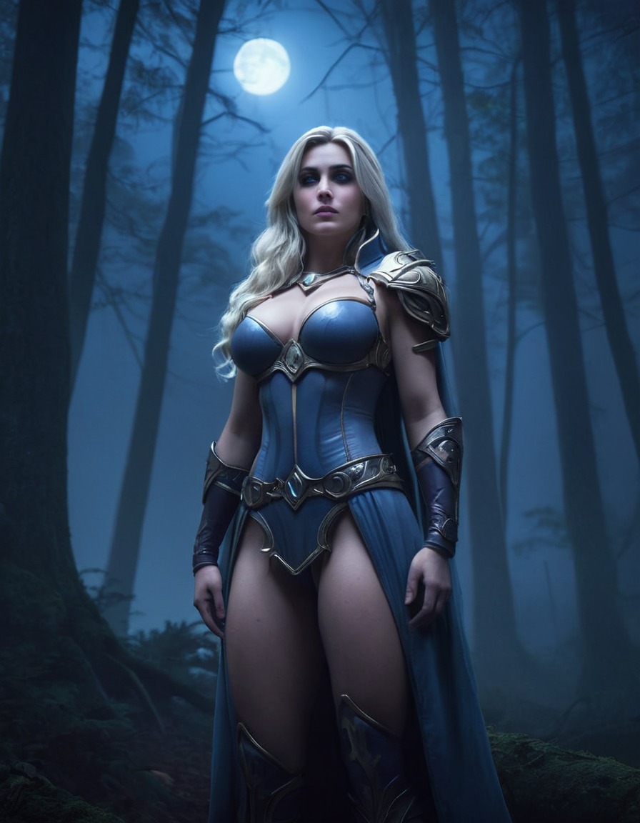 jaina proudmoore, world of warcraft, fantasy, moonlit, misty, forest, games, dark