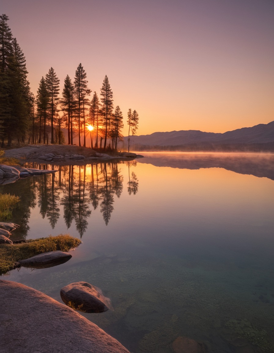 sunset, reflection, calm lake, nature