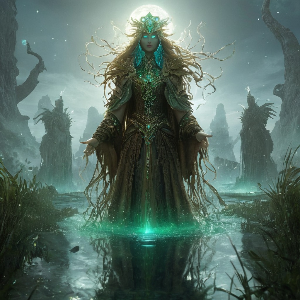 digitalart, character, creature, dalle3, dnd, ethereal, fantasy, friendly, glowingeyes, greenskin, horrorart, horrorfantasy, mystical, nature, robes, rpg, swamp, tall, aiart