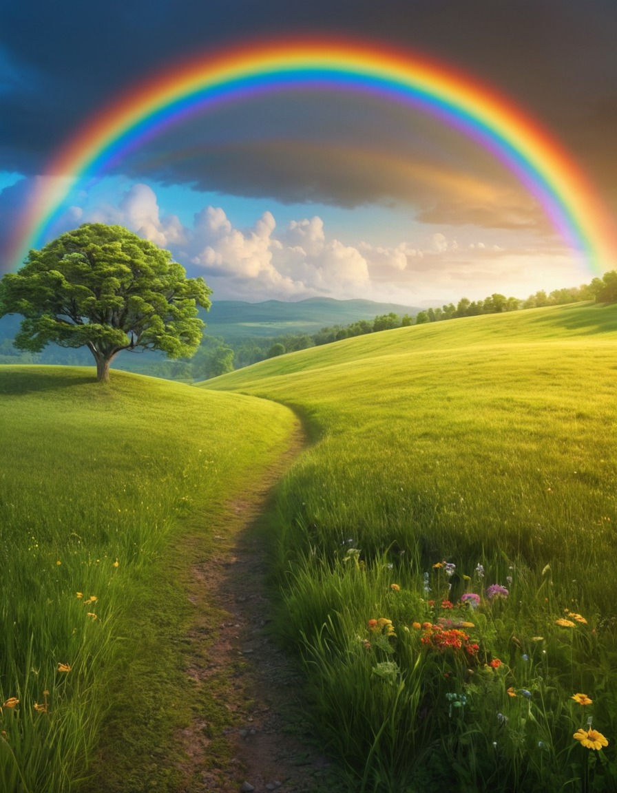 rainbow, arch, meadow, nature