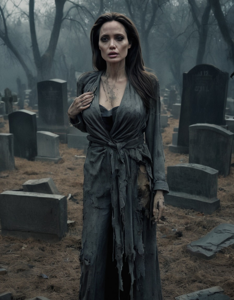 angelina jolie, decaying skin, torn clothing, spooky cemetery, horror, actress, halloween, zombie, celebrities