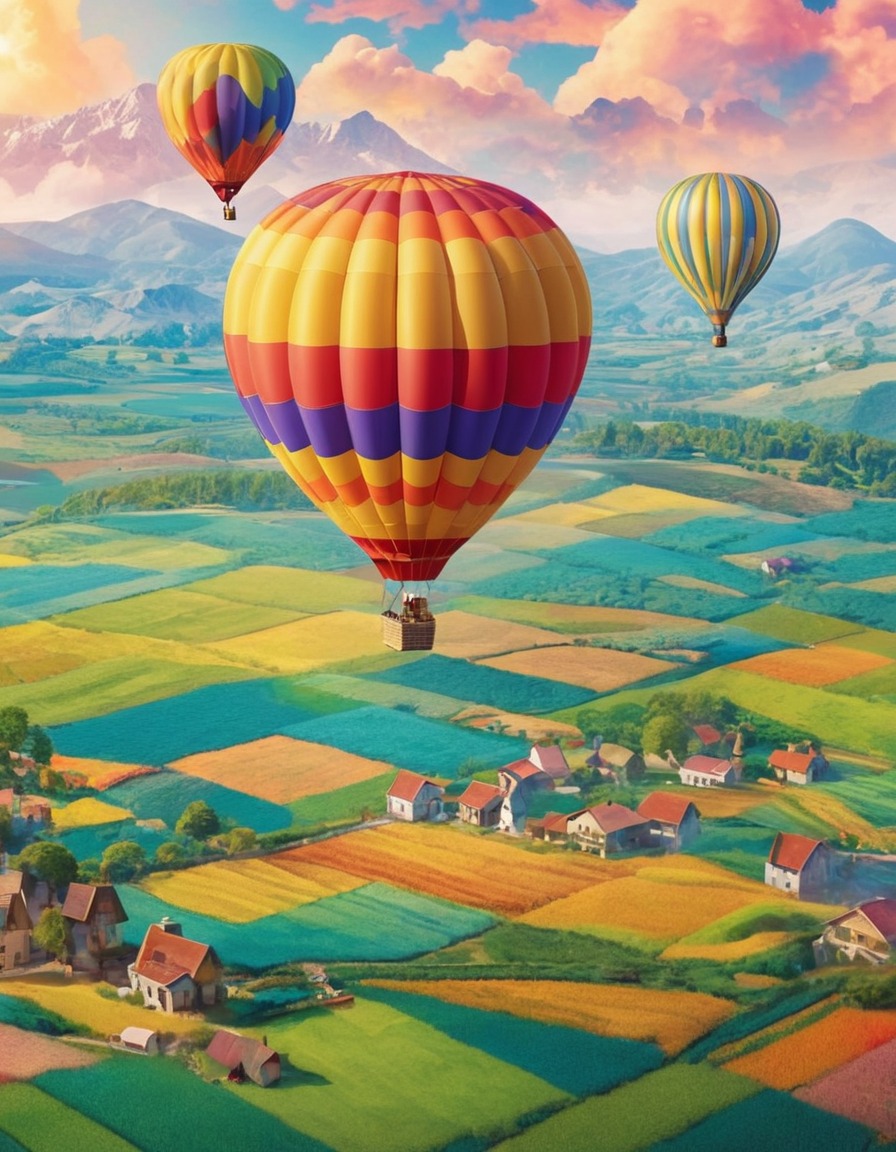 hot air balloon, patchwork farmland, colorful, vibrant, aerial view, nature