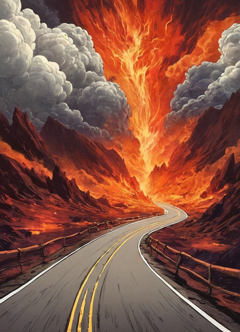 digitalart, wallpaper, dreamup, fiery, hellish, highway, highwaytohell, infernal, road, scary, collaborative_art, fixer_upper, ai_art, prompt_included, iterative_refinement, free_to_modify, remix_allowed, derivative_friendly