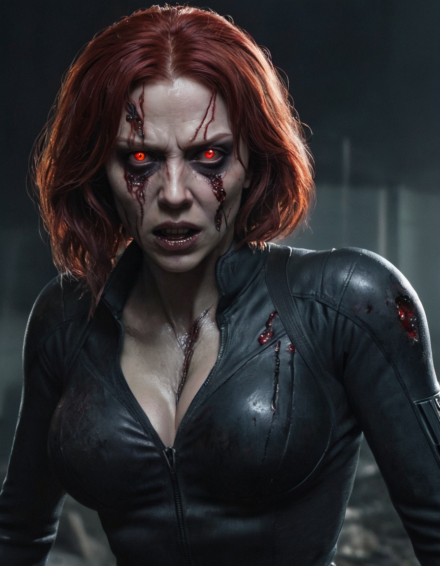 black widow, zombie, decaying flesh, glowing eyes, horror, marvel