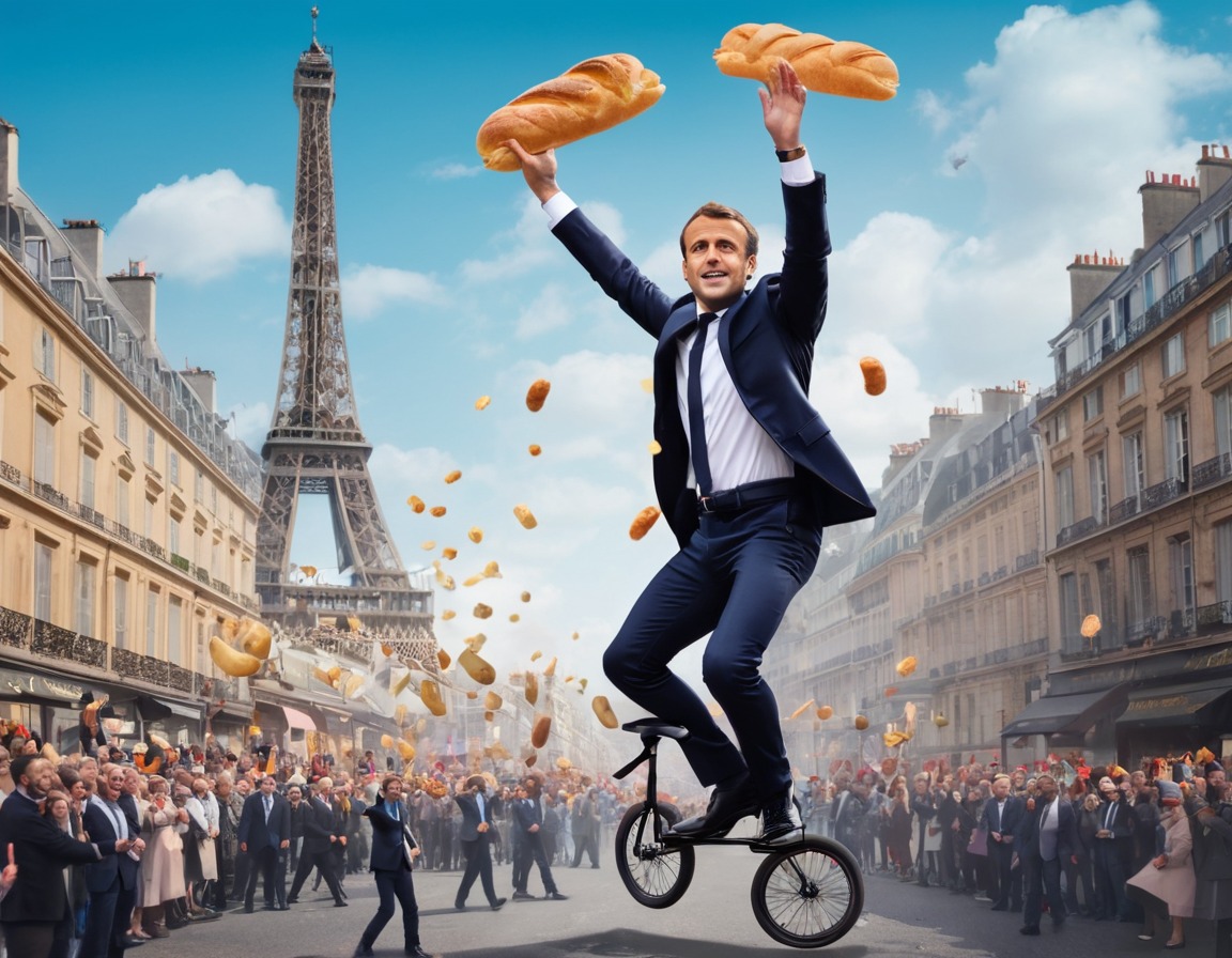 cartoon, emmanuel macron, juggling, french culture, unicycle, france