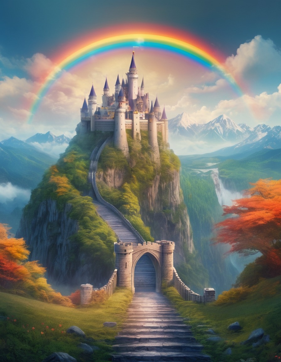 fantasy, rainbow, castle, mountain, surreal, fantastic