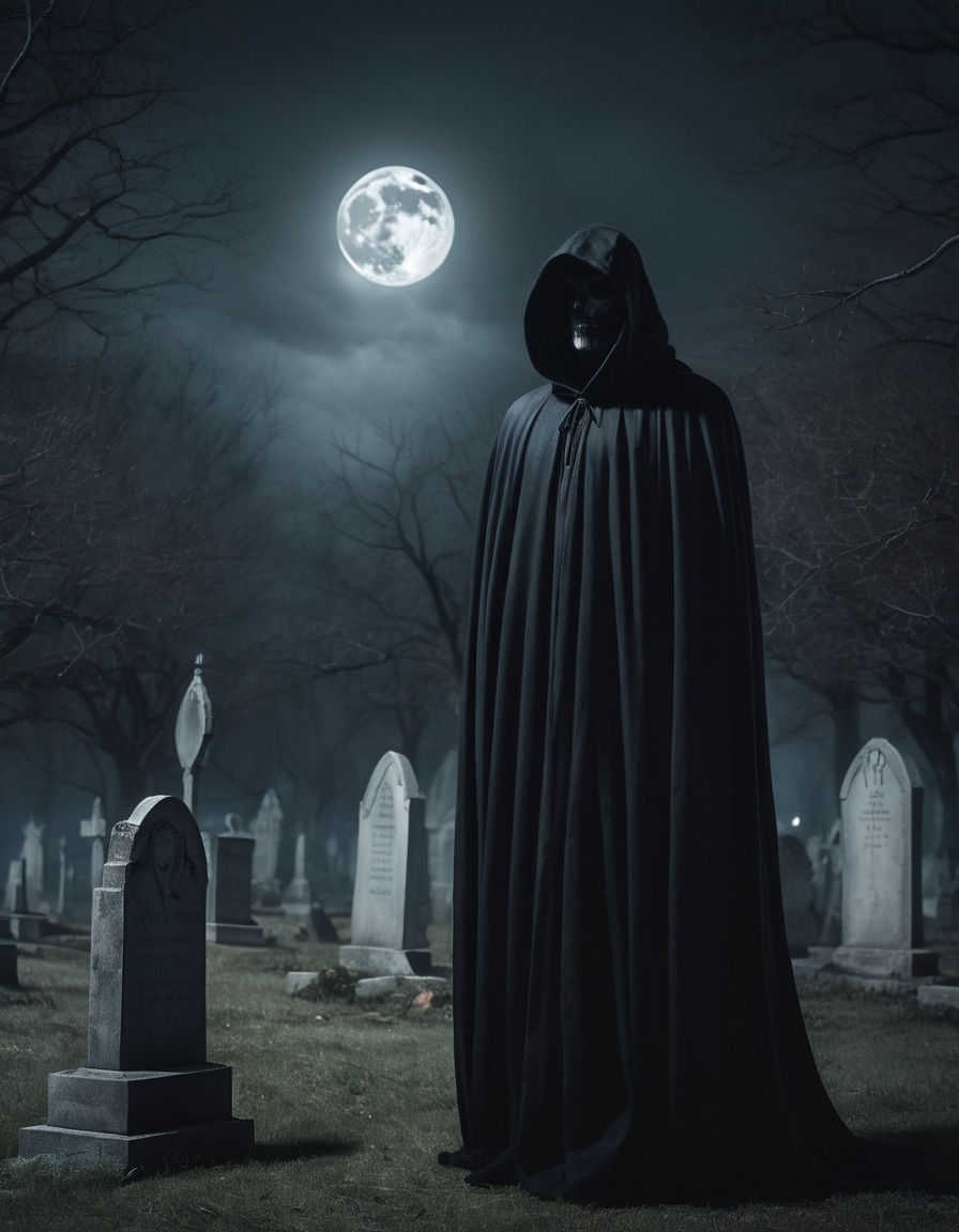 mysterious figure, dark cloak, moonlit cemetery, spooky, alone, gothic, underground, dark