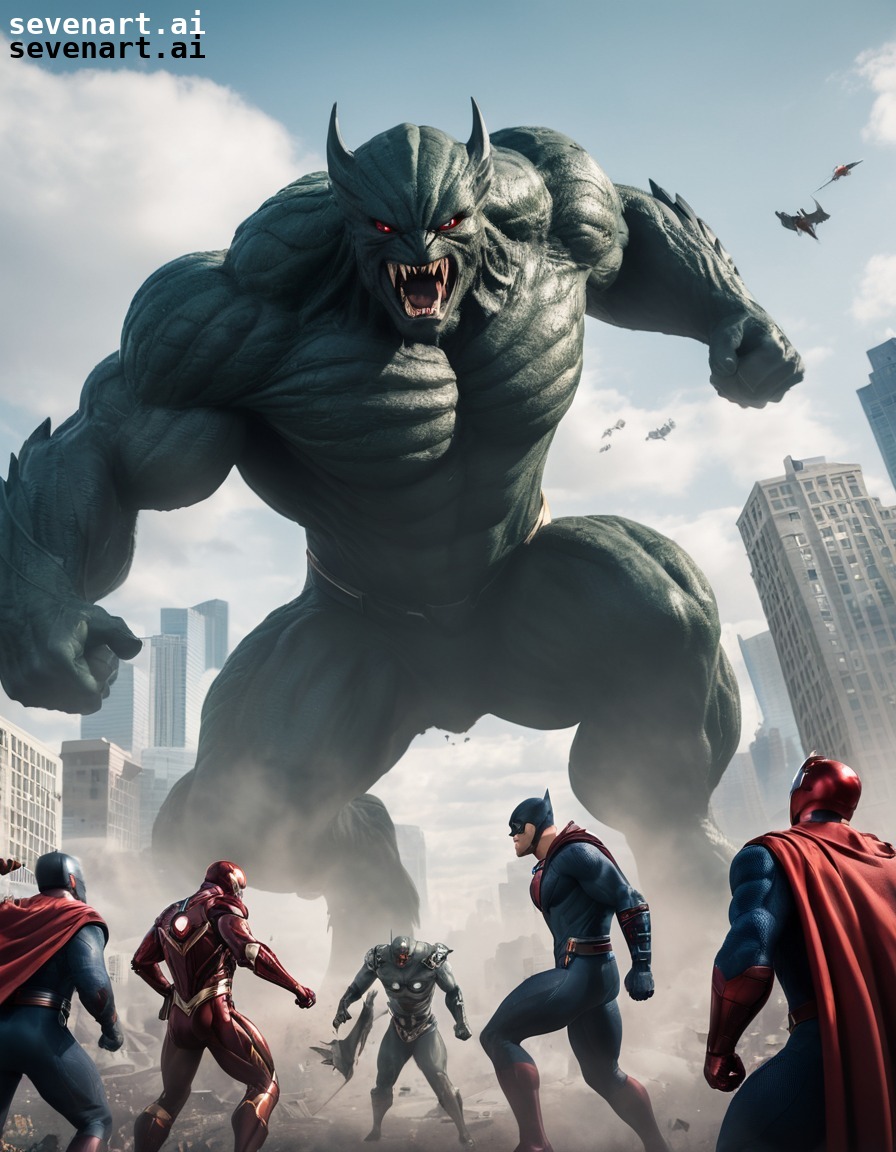 superheroes, teamwork, city, giant monster, battle, hero, superhero