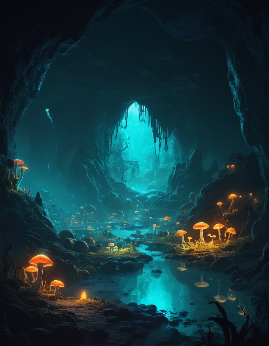 cave, bioluminescent, mushrooms, goblin-like creatures, fantasy