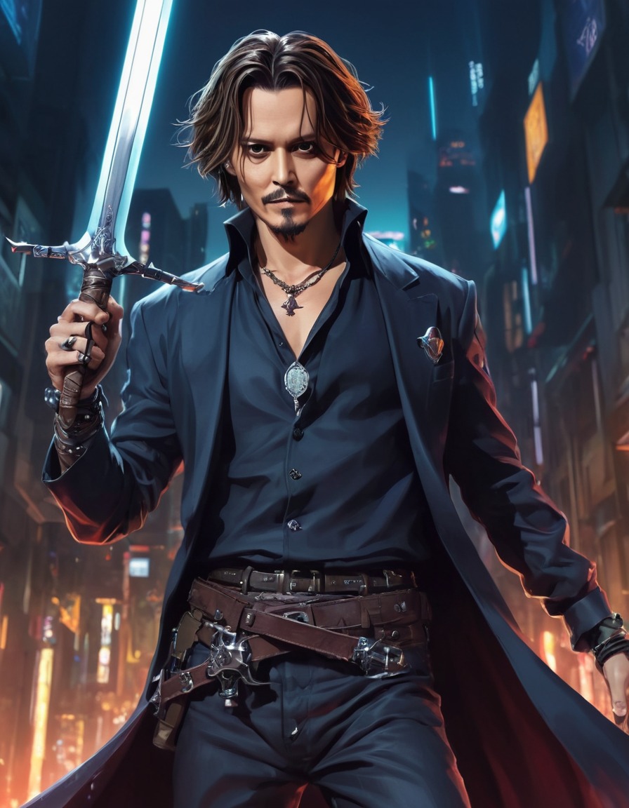 johnny depp, anime, sword, cybernetic enhancements, character design