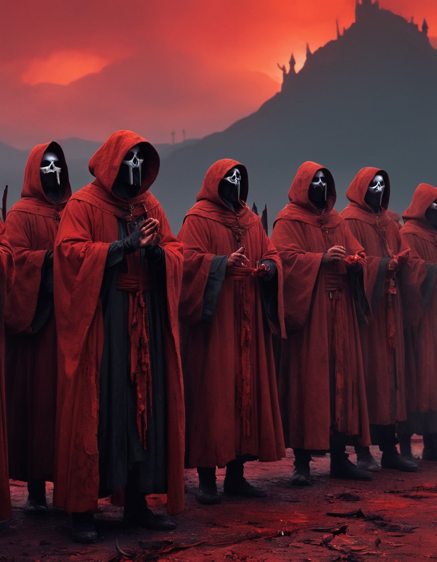 cultists, ritual, tattered robes, blood-red sky, occult, lovecraft, howard lovecraft