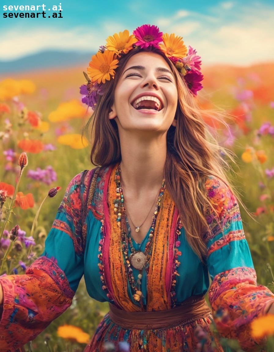 bohemian, charismatic, woman, wildflowers, joyfulness