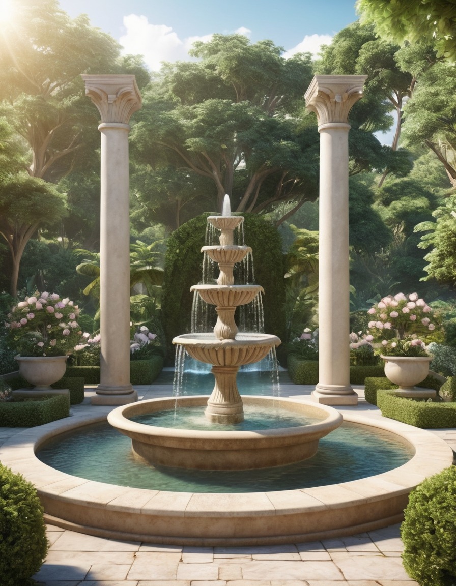 garden, tranquil, water fountain, pillars