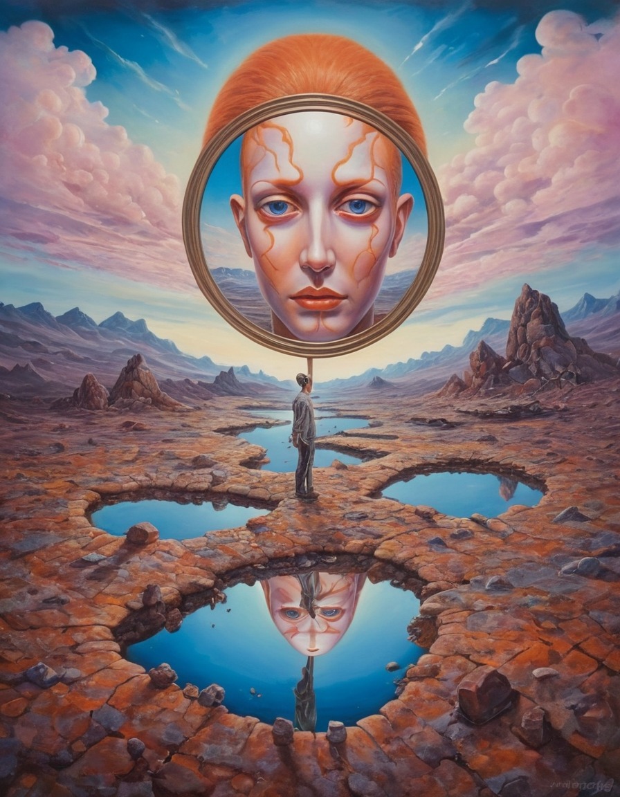 surreal, mirror, face, reflection, landscape