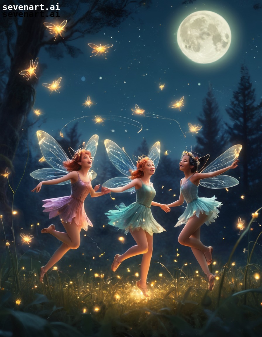 fairies, dancing, moonlit, meadow, fireflies