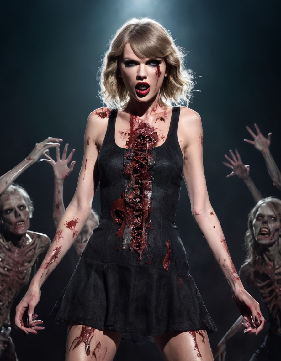 taylor swift, zombie, stage performance, music, horror, illustration, pop culture, celebrities