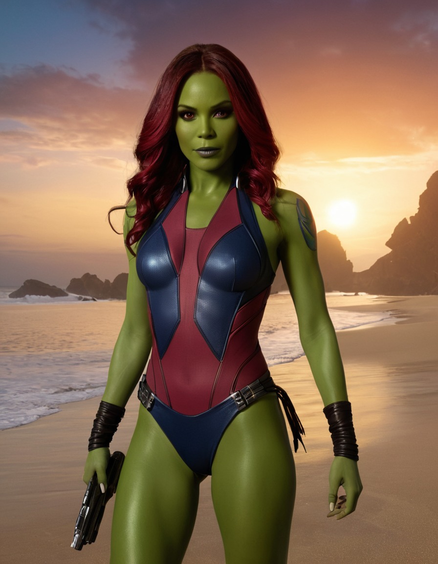 beach, gamora, guardians of the galaxy, swimsuit, marvel, superhero, vacation