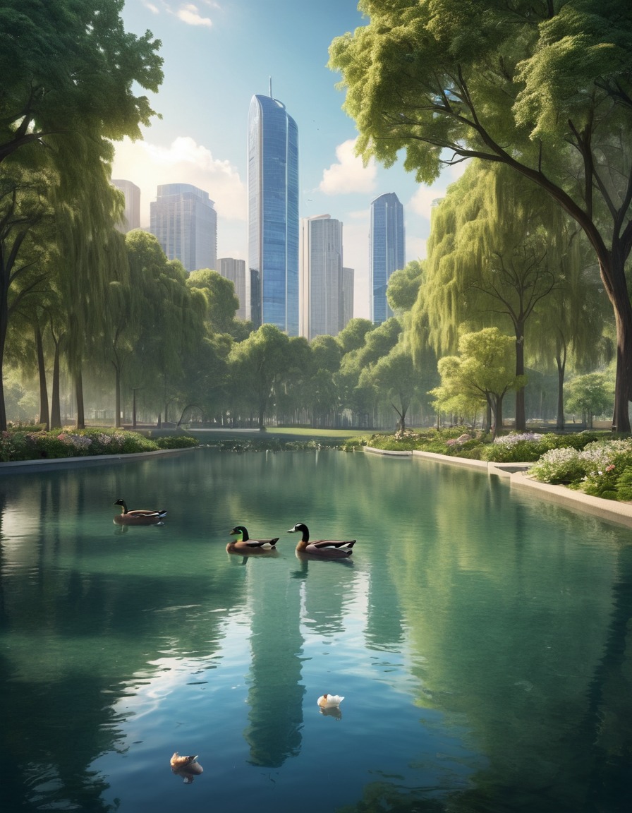 city park, urban oasis, ducks, skyline, tranquil water, peaceful nature, nature, city