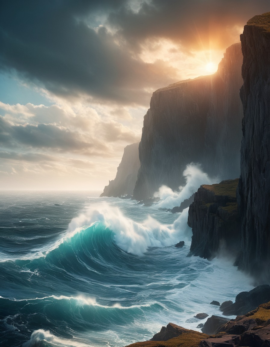 cliff, ocean, waves, nature, dramatic, turbulent