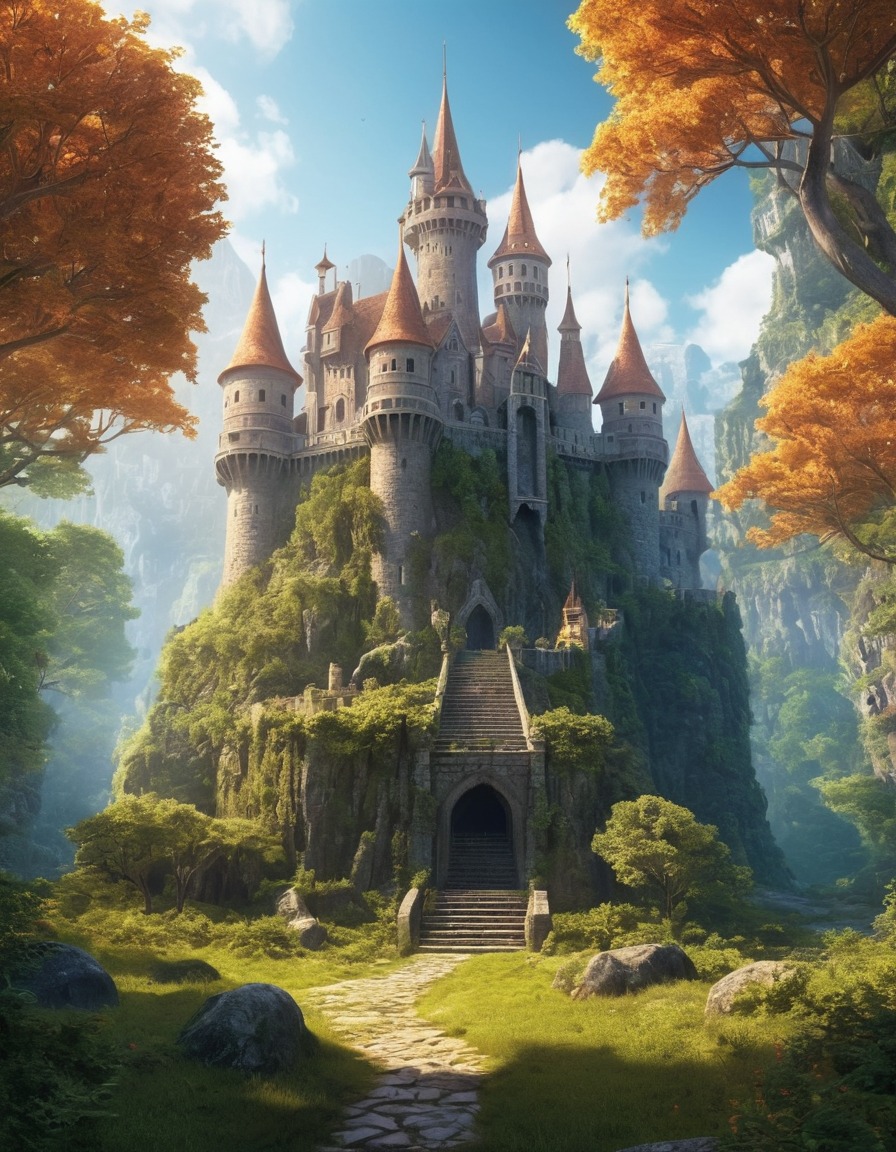 ancient castle, dense forest, fantasy scene, historical site, medieval architecture, enchanted woods, fictional setting