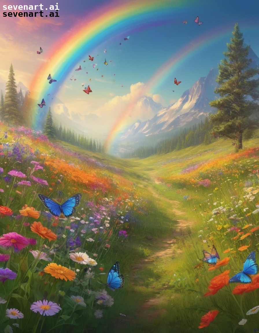 nature, rainbow, meadow, flowers, butterflies