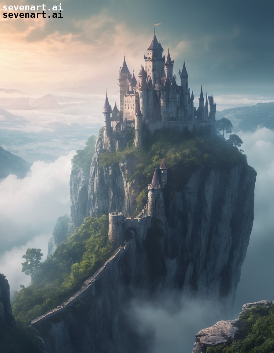 castle, fairy tale, cliff, mist, griffins, fantasy