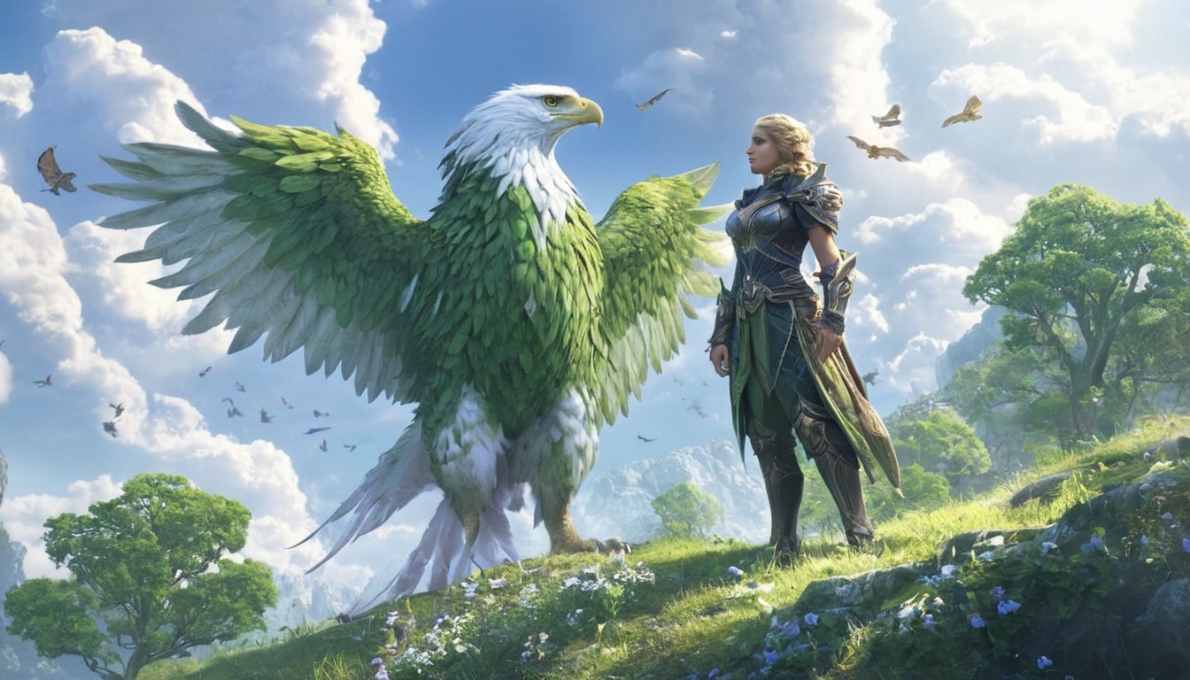 digitalart, warrior, fantasyart, characterdesign, forest, digitalpainting, fantasycharacter, wallpaper, guardian, digitalartwork, dndcharacter, fantasycreature, hippogriff, hybrid, hyrule, landscape, majestic, mythicalcreature, nature, summer, surreal, elffantasy, dnddungeonsanddragons, midjourney, synthography