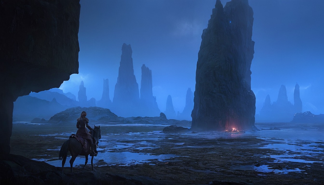 raphael, conceptart, horse, illustration, lacoste, landscape, night, ruins, vinkings, art