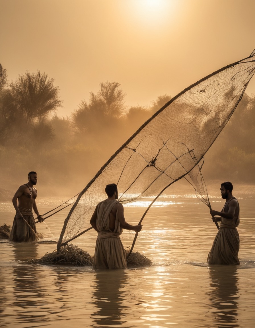 ancient civilization, mesopotamia, fishing techniques, river fishing, ancient technology, fishermen, 4000 bc