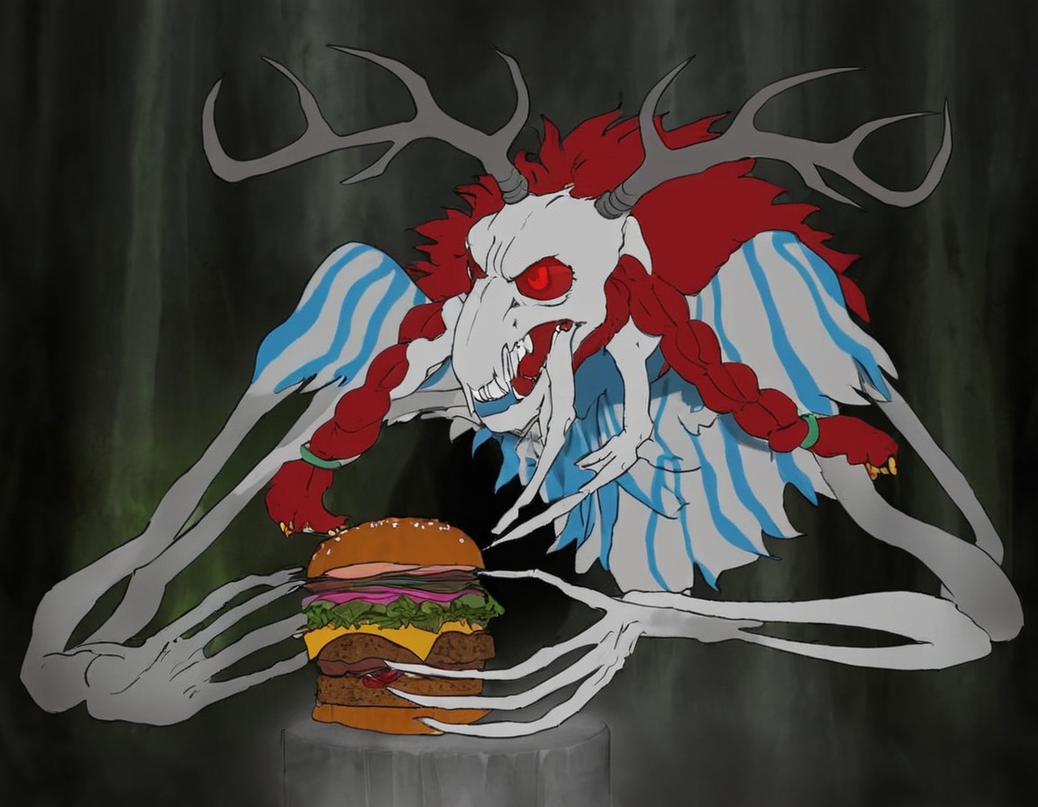 monster, digitalart, originalcharacter, skull, horror, creepy, deer, burger, cheeseburger, cryptid, demon, fastfood, food, funny, halloween, october, redhair, redheadgirl, scary, skeleton, spooky, undead, wendigo, wendy, wendys, wendigogirl, wendigomonster, wendigocreature, wendysmascot, creepycryptids