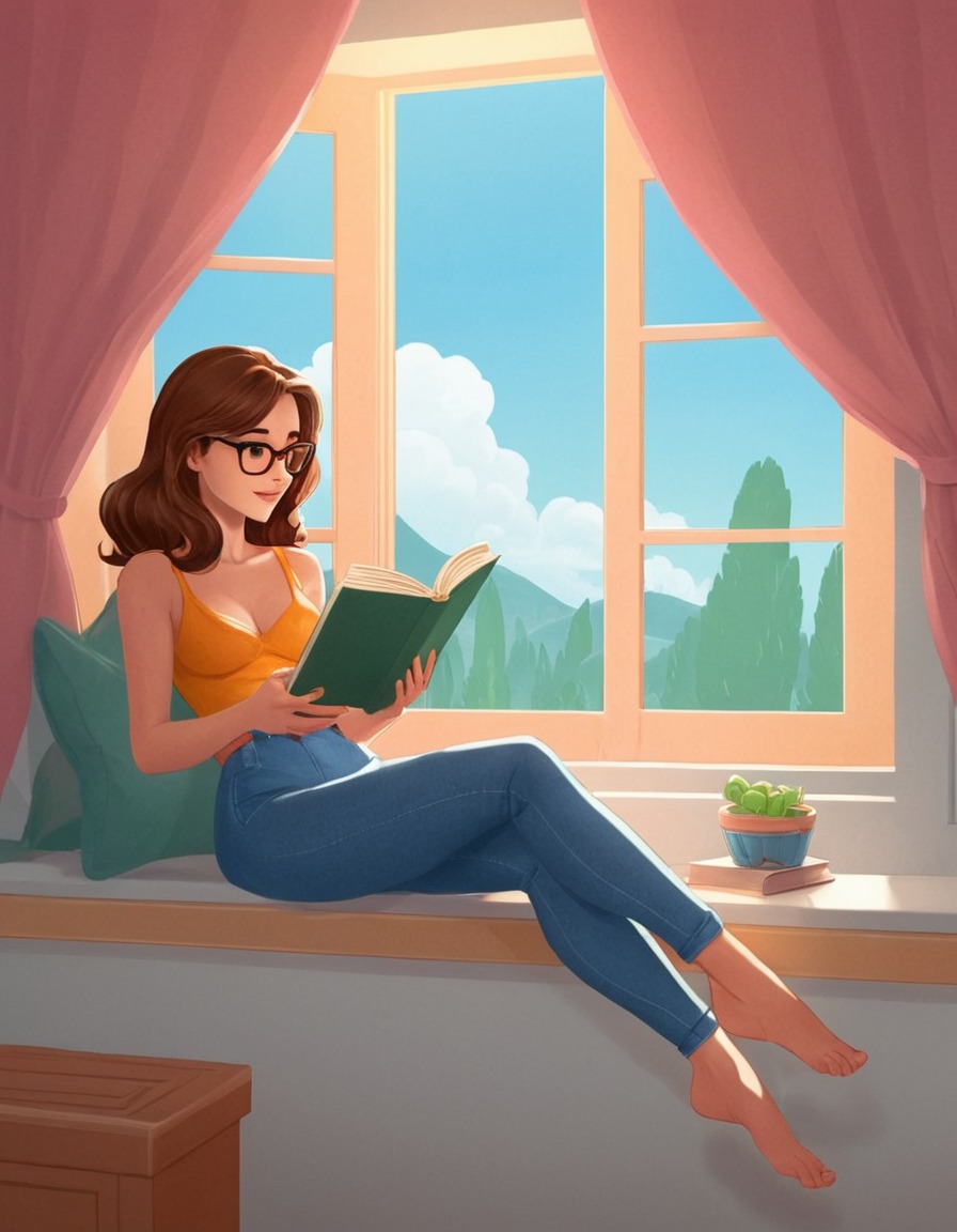 woman, reading, book, cozy, window seat, relaxation