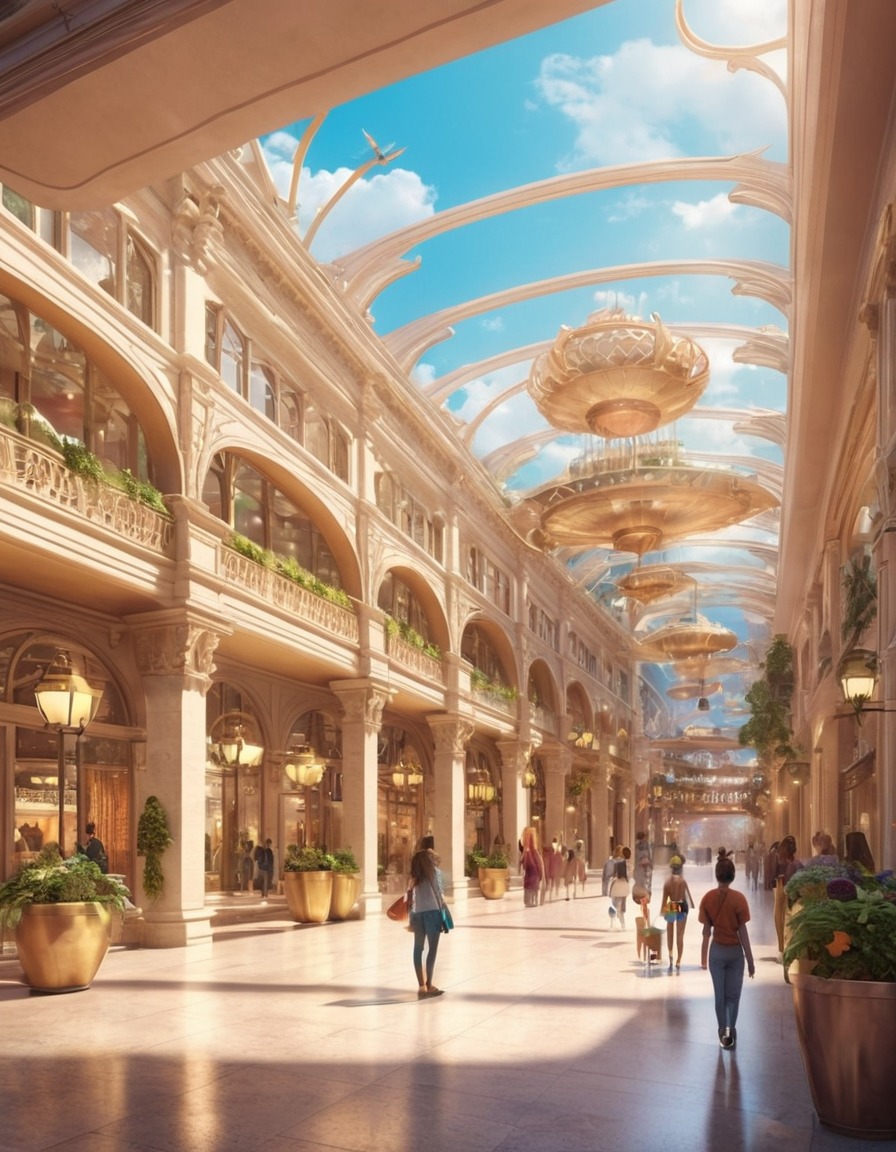 shopping mall, fantasy, fantastic city, fictional creatures, urban fantasy, magical shopping, mythical beings