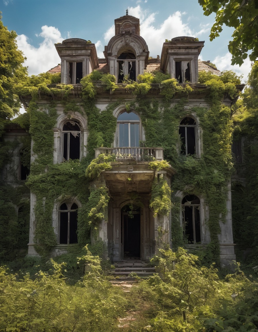 abandoned mansion, dilapidated, broken windows, overgrown vines, lovecraft, howard lovecraft