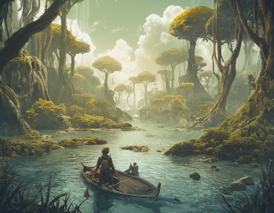 digitalart, fantasyart, dreamup, adventure, clouds, figure, grass, marsh, plants, reflections, sky, swamp, trees, water, hummocks, dailychallenge, ai_art