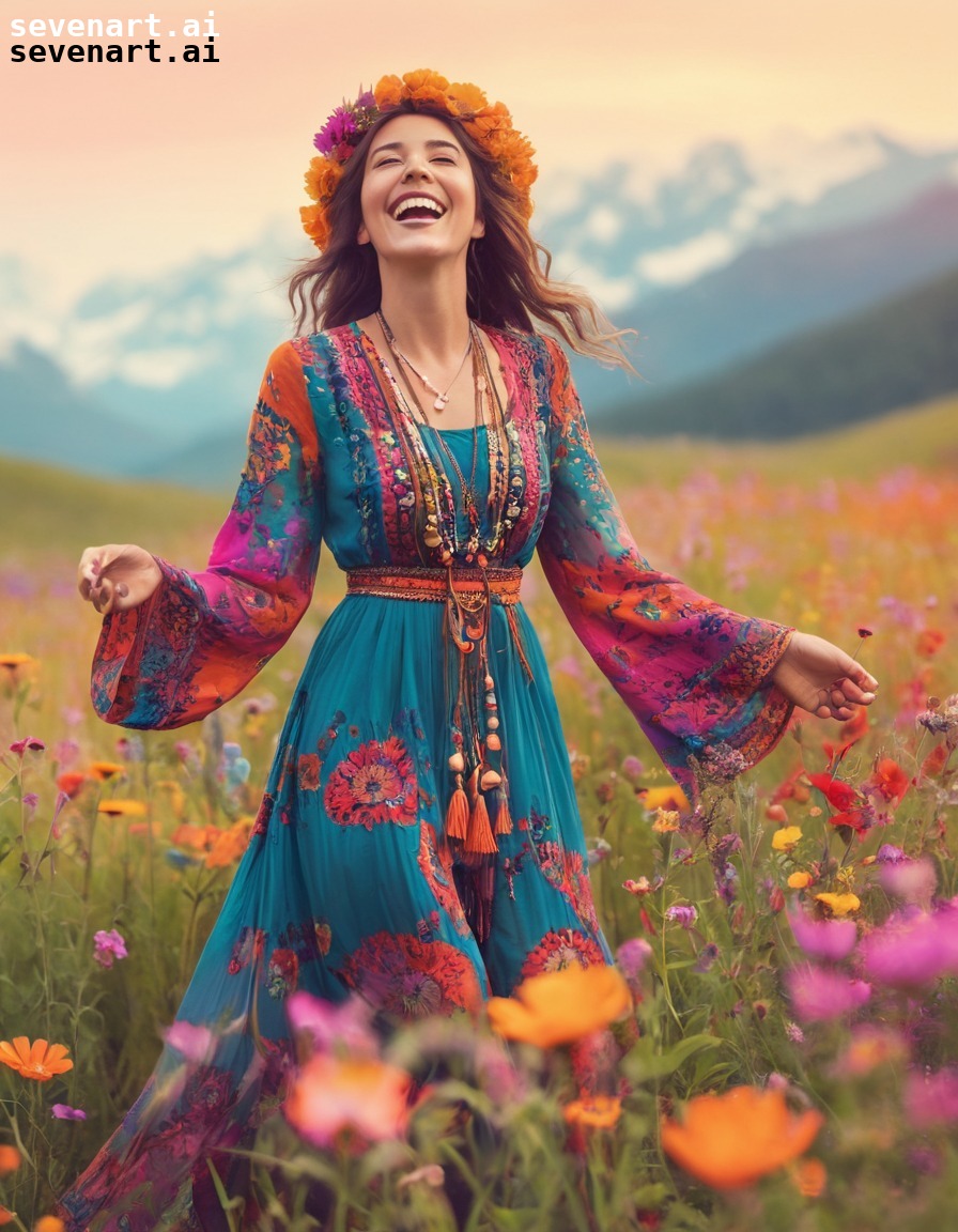 bohemian, charismatic, woman, wildflowers, joyfulness