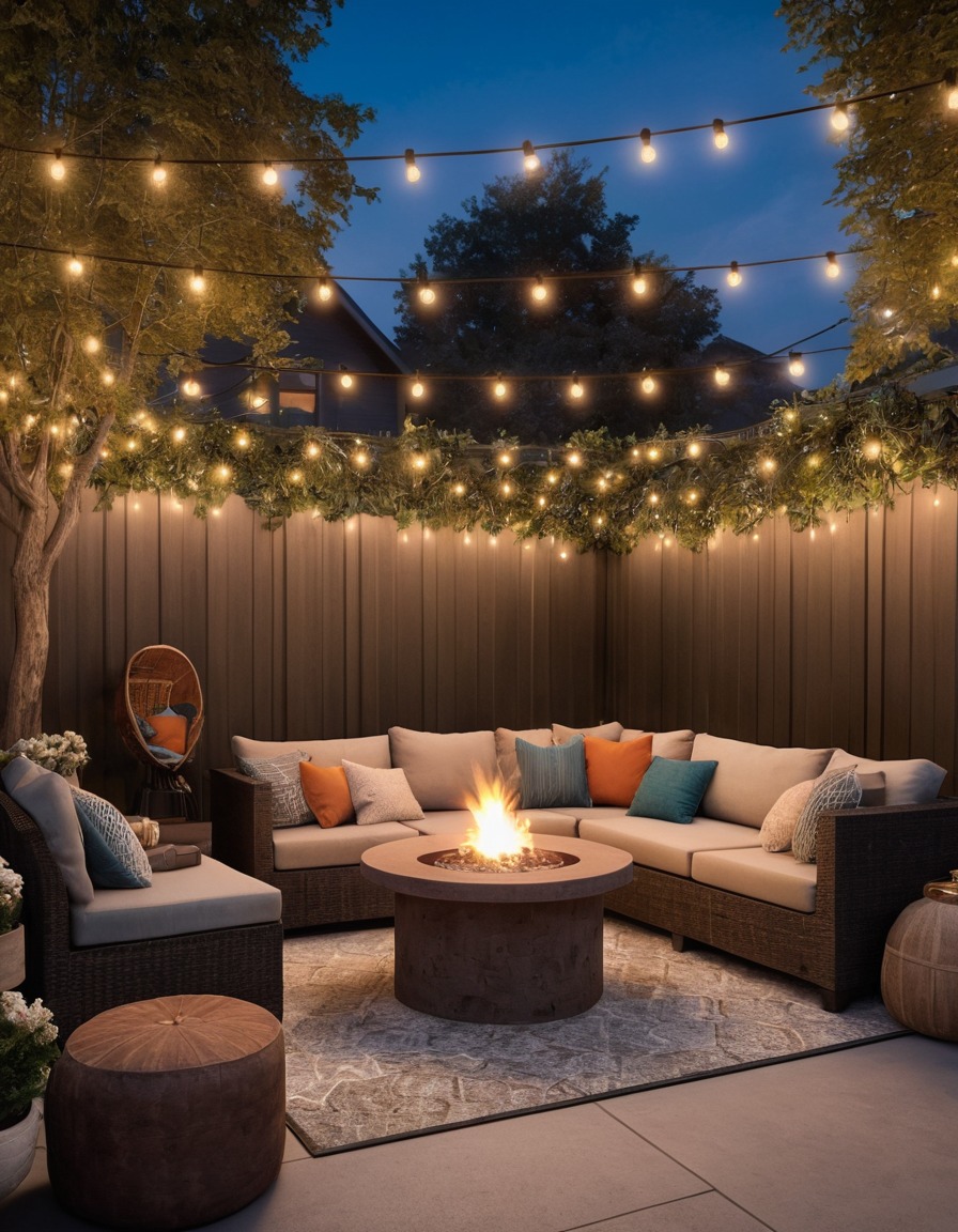 outdoor, patio, wicker furniture, string lights, fire pit, home, interior