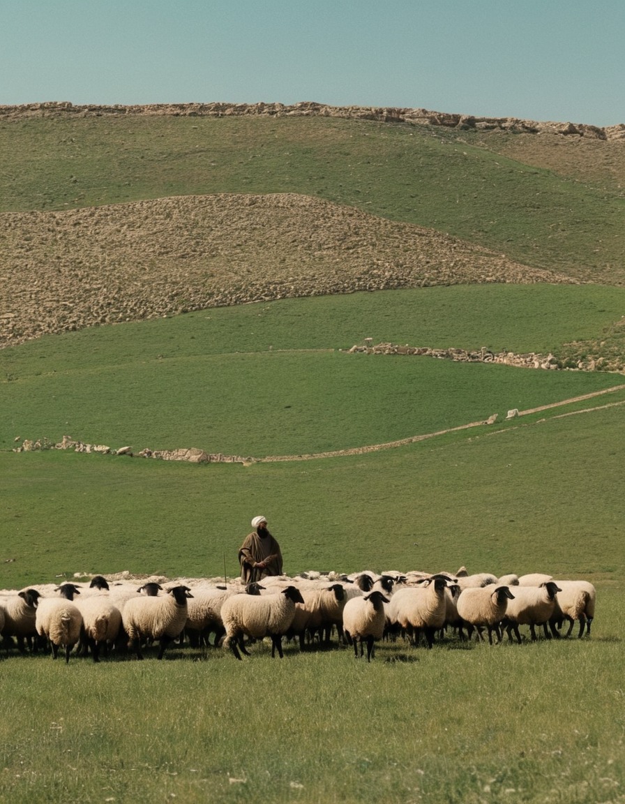 ancient shepherd, herding sheep, meadow, ancient mesopotamia, 2000 bc