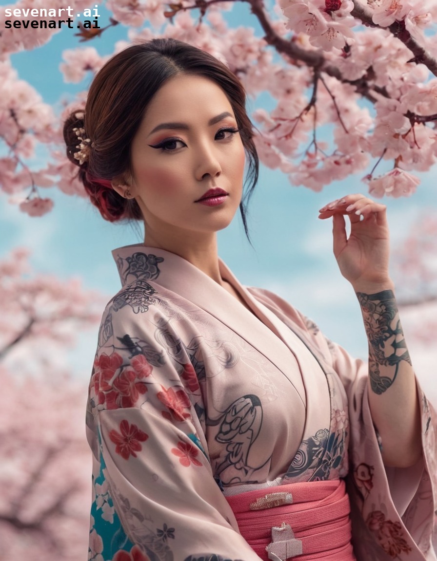 woman, silk kimono, tattoos, japanese cherry blossoms, elegance