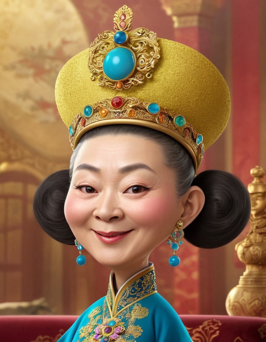 empress dowager cixi, caricature, humor, exaggerated features, funny caricature, funny