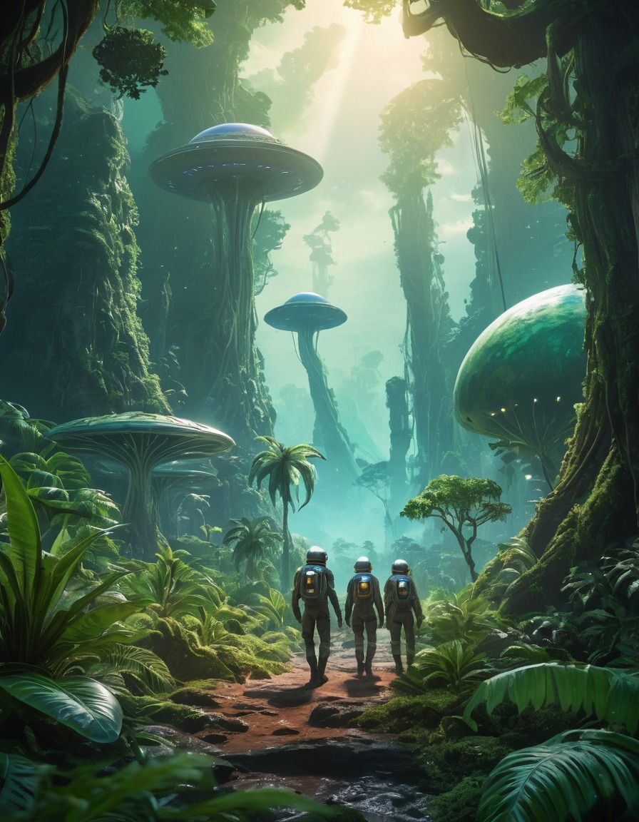 space exploration, alien planet, scientists, lush jungle, team, exotic flora, extraterrestrial environment