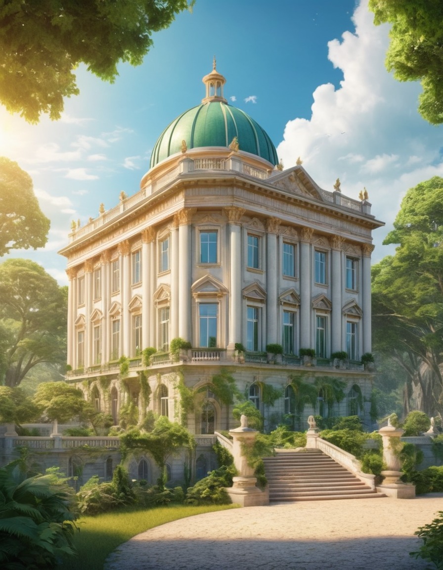 neoclassical architecture, grand building, lush greenery, historical site, architecture